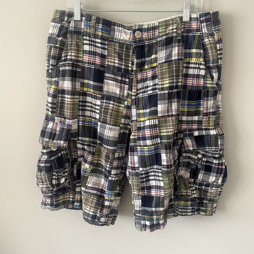 Old Navy Cargo Shorts Men Blue Madras Plaid Cotton Patchwork Sz 34